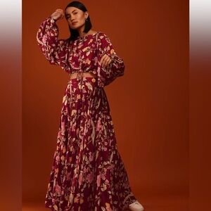 Red Floral Print Crop Top And Lehenga